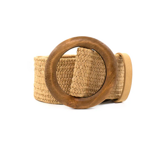 Raffia Belt Wood Circle Buckle