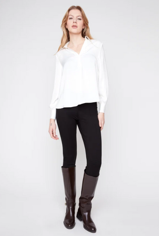 Satin V-Neck Blouse Trim Detail