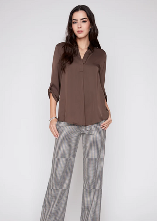Satin V-Neck Top Roll-Tab Sleeves
