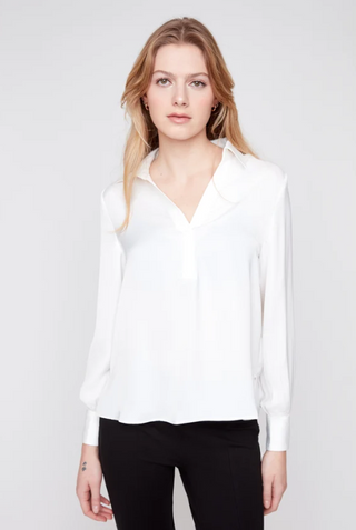 Satin V-Neck Blouse Trim Detail