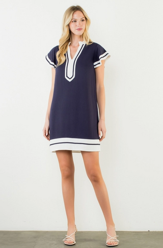 Flutter Sleeve White Trimmed Dress