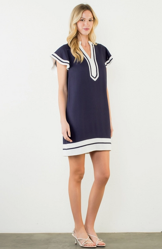 Flutter Sleeve White Trimmed Dress