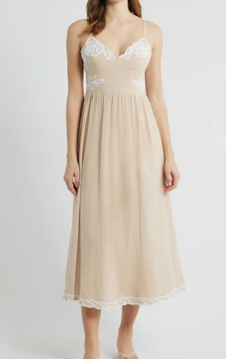 Embroidered V-Neck Midi Dress