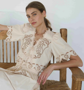 Short Sleeve Eyelet Front Tie Top