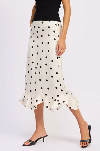 Satin Ruffle Polka Dot Midi Skirt