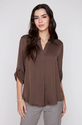 Satin V-Neck Top Roll-Tab Sleeves