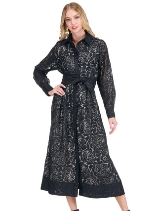 Pleated Long Sleeve Midi Shirt Dress